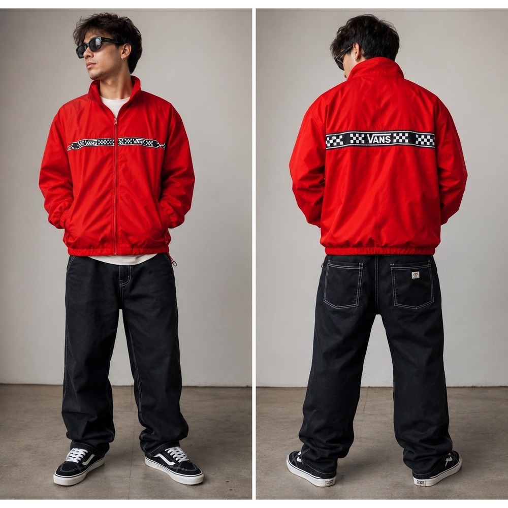 Vans Jacket Mens SMALL Red Vintage Windbreaker Checkered Logo Drawstring Zip Up